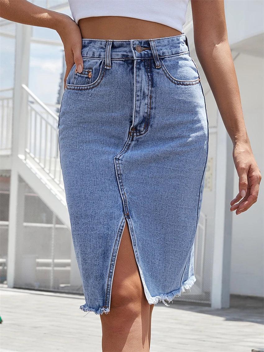 Women's Front Slit Blue Denim Skirt Pockets High Waist Slim Zipper Fly Midi Skirts 2023 Spring Female Casual Streetwear-THAT FASHION STORE