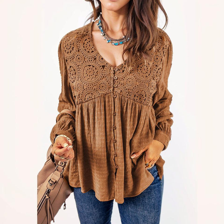 Fall 2024 New Brown Lace Crochet Shirt Women Fashion Style Fashion Button V Neck Little-Girl Style Clothes Tops Women-THAT FASHION STORE