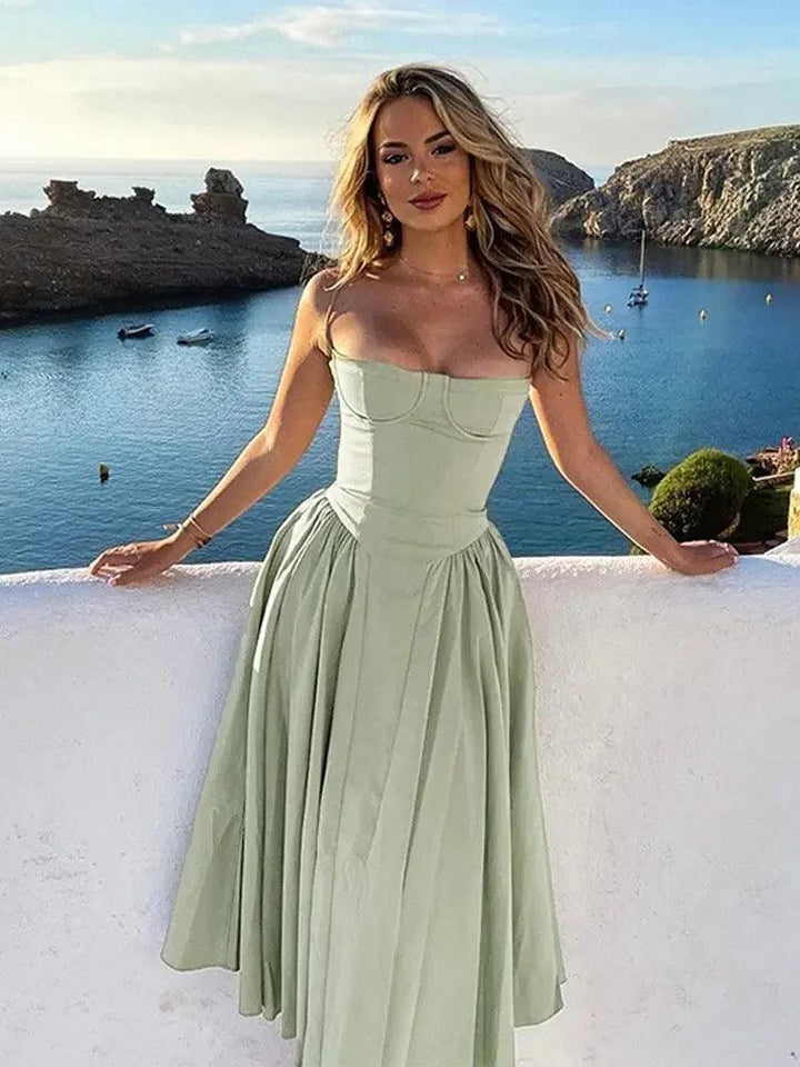 Elegant Women Solid Sling Long Pleated Dress Chic Sleeveless Backless A-line Dresses 2024 Summer Party Club Date Evening Robes-THAT FASHION STORE