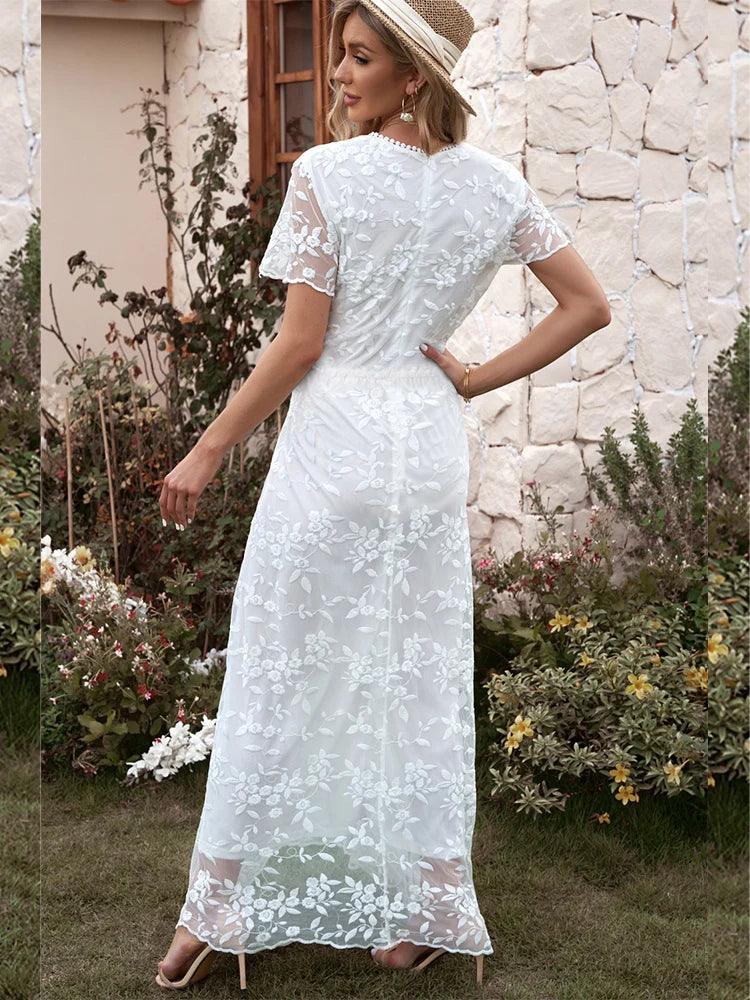 Embroidery Boho Long Dress Women Elegant Hollow Out Lace Holiday Beach Dress Female Fashion V Neck Short Sleeve Maxi Dress 2023-THAT FASHION STORE