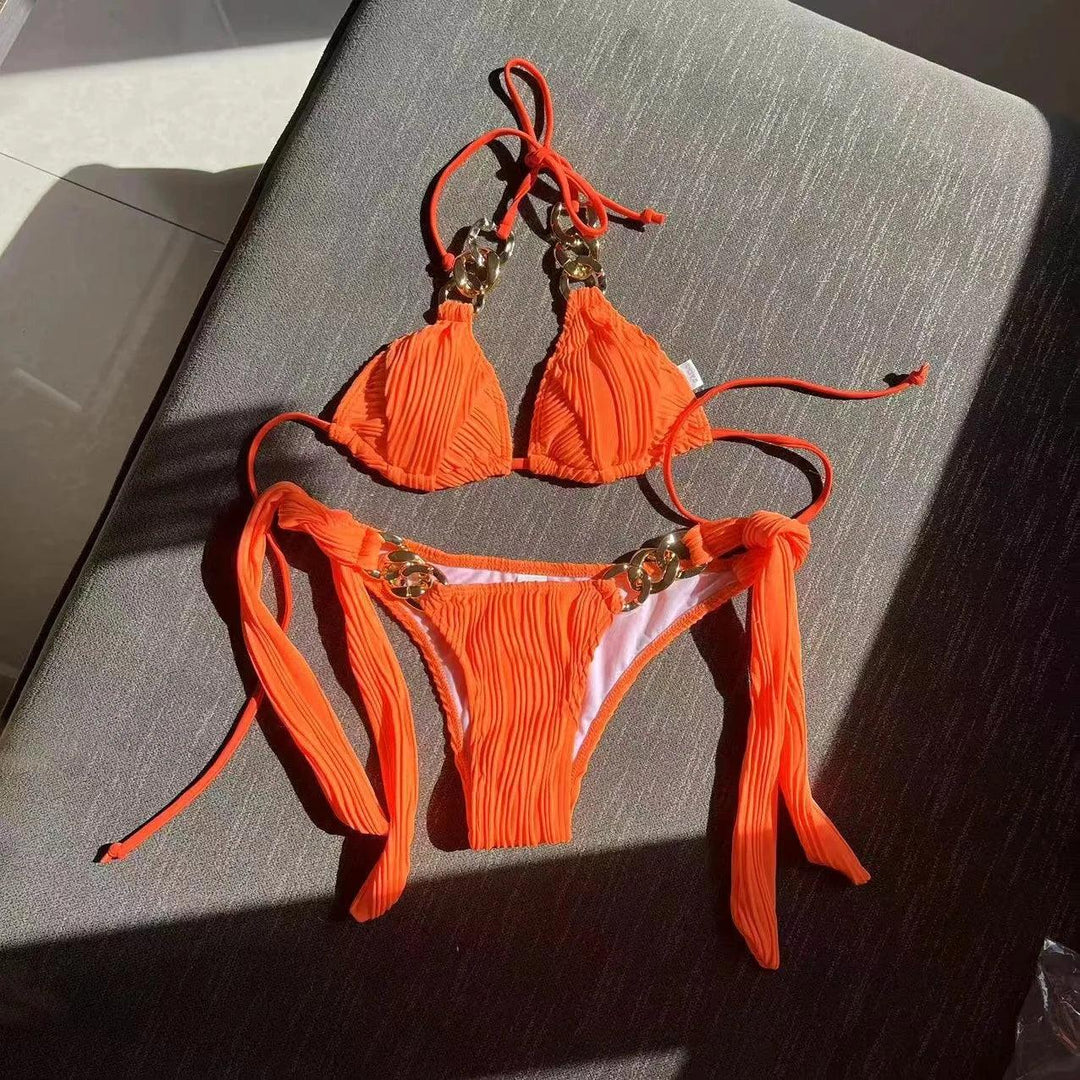 Sexy String Halter Bikinis Solid Swimsuit 2023 New Chain Linked Swimwear Women Chain Strappy Bathing Suit Two Piece Sets Beach-THAT FASHION STORE