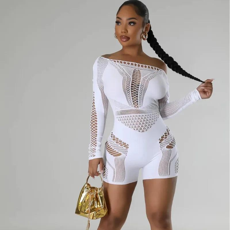 Sexy See Through Women Rompers Solid Long Sleeve Playsuits 2024 Summer Outfits Hollow Out Night Club Party One Piece Overalls-THAT FASHION STORE