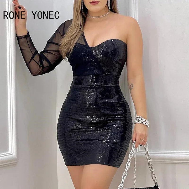 Women Chic Sequins One Shoulder Long Sleeves Sexy Mini Bodycon Party Dresses-THAT FASHION STORE