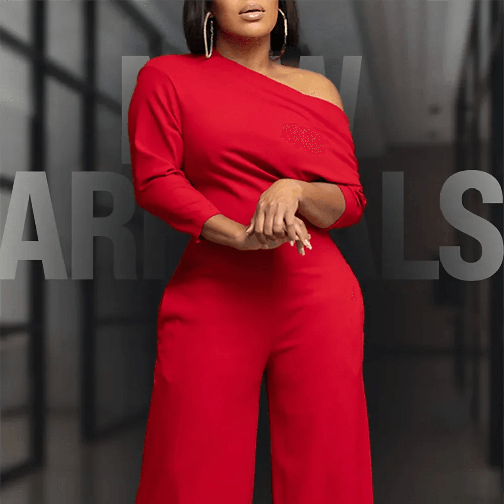 Plus Size Business Casual Jumpsuit Red Solid Color Slope Neck Wide Leg Jumpsuit-THAT FASHION STORE