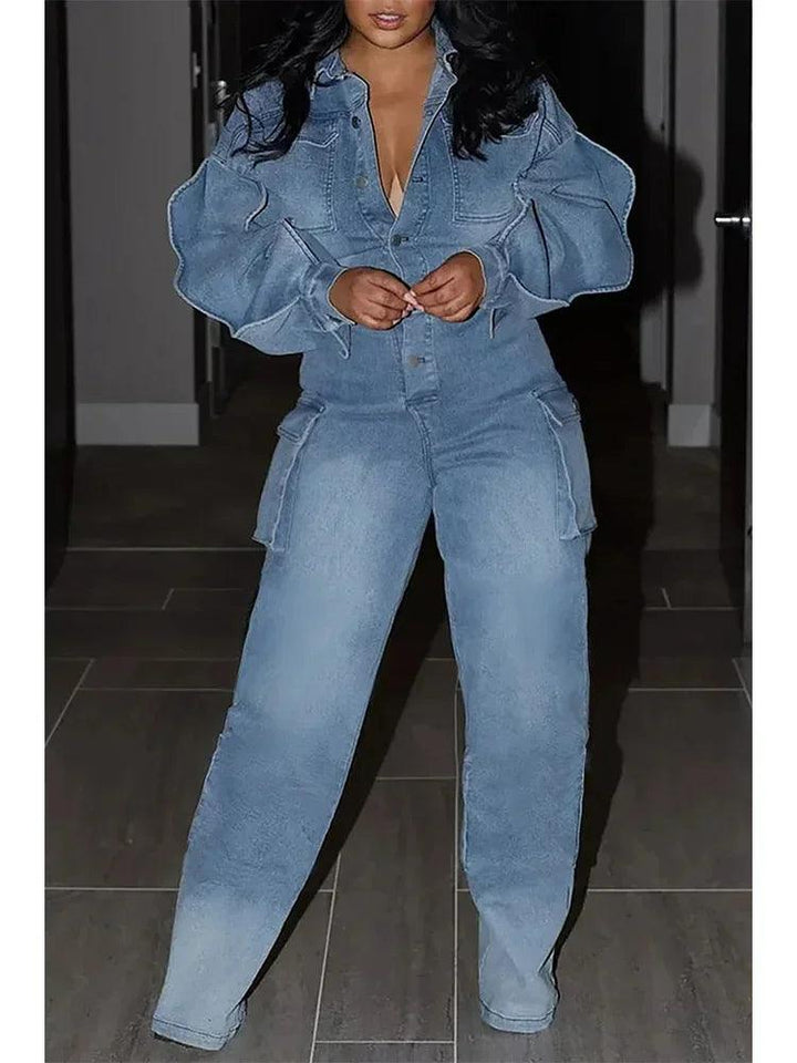 Fashion Women Jeans Jumpsuit Lantern Sleeve Turn Down Collar Retro Button Pockets Spring Streetwear Rompers Vintage Outfits 2024-THAT FASHION STORE