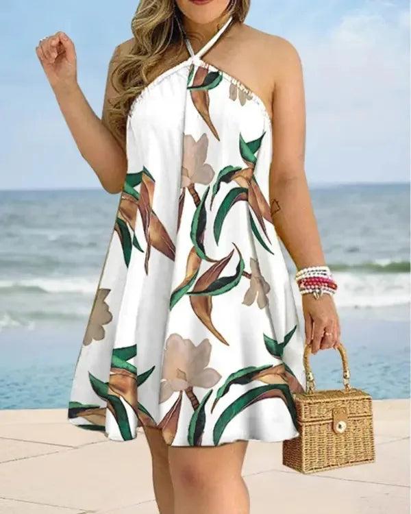 Tropical Print Halter Neck Dress, Vacation Style Backless Dress For Spring & Summer, Women's Clothing-THAT FASHION STORE