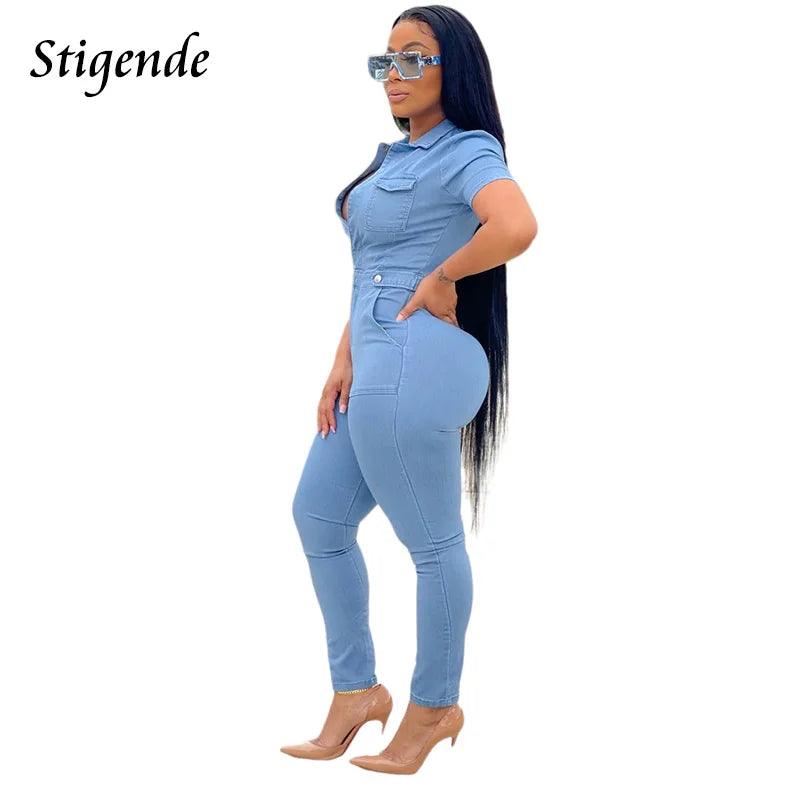 Women Slim Fit Button Up Denim Jumpsuit Turn Down Collar Skinny Overalls with Pockets Ladies Light Blue Pencil Leg Jeans Pants-THAT FASHION STORE