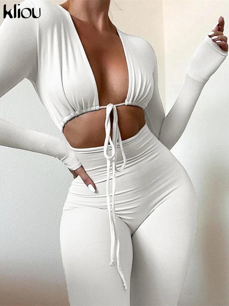 Kliou Solid Jumpsuit Drawstring Cleavage Waist Out One Piece Overall Sexy Body-Shaping Hipster Midnight Club Female Clothing-THAT FASHION STORE