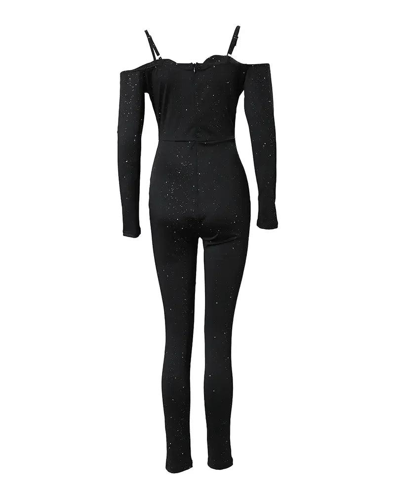 Sexy Party Night Out Jumpsuit Women Elegance 2022 Plain Glitter Cold Shoulder Long Sleeve Contrast Lace Corset Skinny Jumpsuit-THAT FASHION STORE