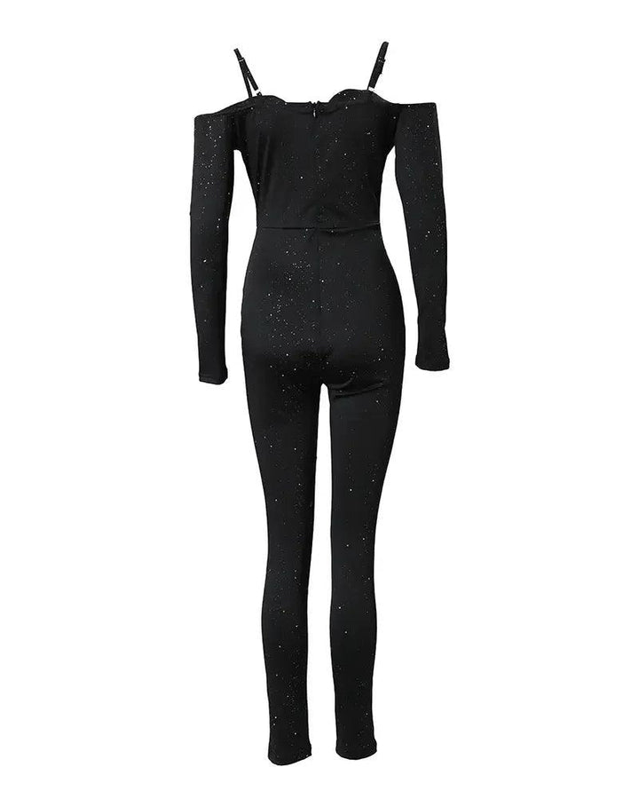 Sexy Party Night Out Jumpsuit Women Elegance 2022 Plain Glitter Cold Shoulder Long Sleeve Contrast Lace Corset Skinny Jumpsuit-THAT FASHION STORE