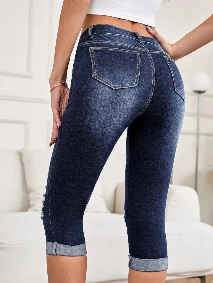 2023 New Women Summer Ripped Mid Waist Jeans Fashion Elastic Slim Calf-Length Denim Pencil Pants Casual Female Clothing S-2XL-THAT FASHION STORE