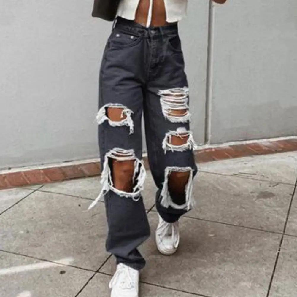 Women Jeans Zipper Fly Wide Leg Lady Denim Pants High Waist Women Denim Trousers No Stretch Women Ripped Loose Fit Jeans-THAT FASHION STORE