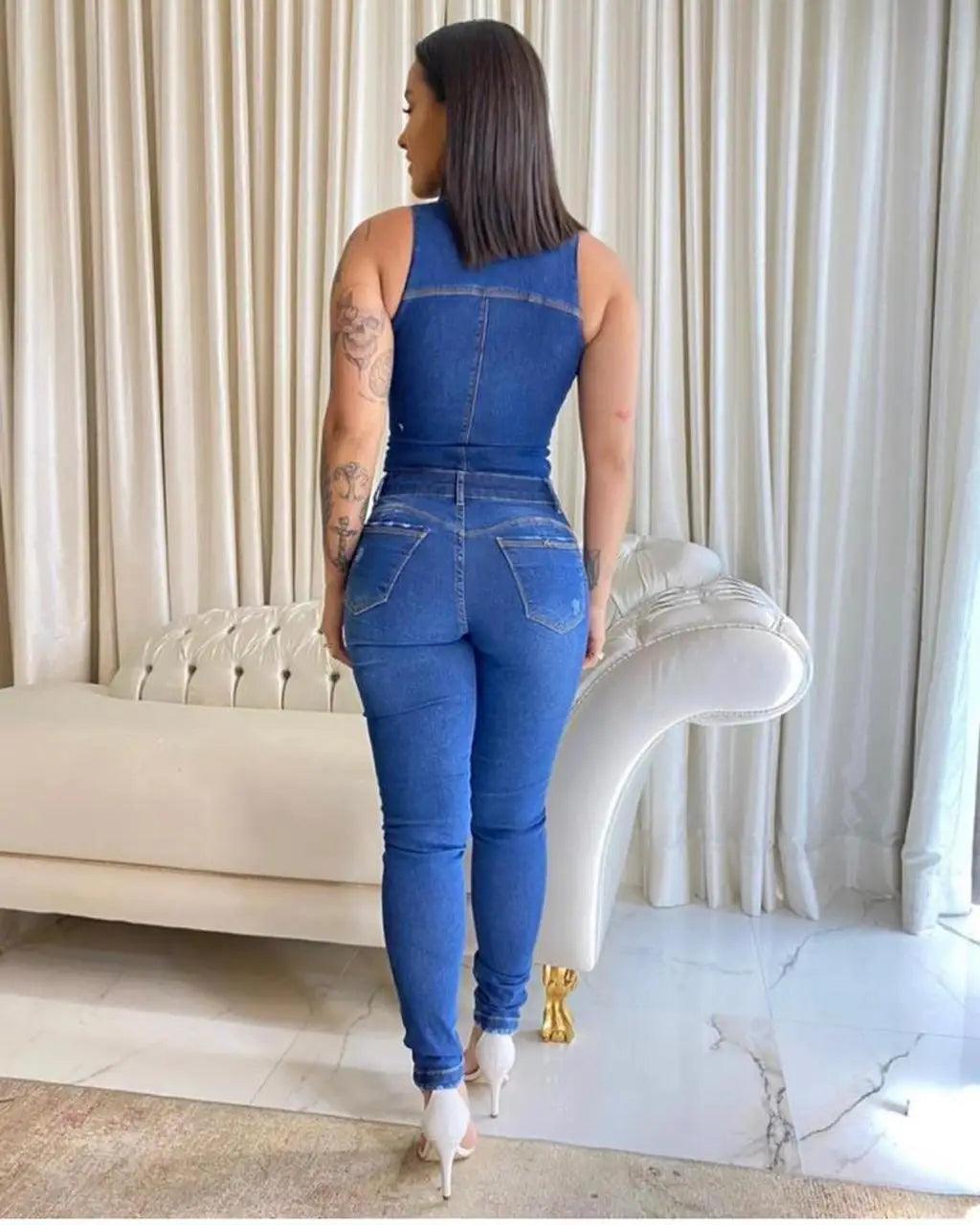 Jeans Stretch Overalls Buttons Female Turn Down Skinny Blue Denim Casual Jumpsuit Rompers-THAT FASHION STORE