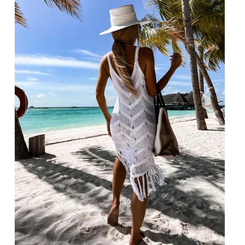 2024 White Crochet Tunic Bikini Cover-ups Sexy Hollow Out Dress Women Summer Clothes See Through Beach Wear Tassel Cover Up-THAT FASHION STORE