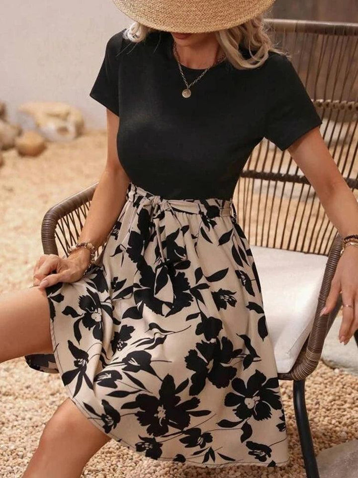 Fashion Casual Summer Women's Round Neck A-line Flower Print Tie With Bow Holiday Style Waist Dress-THAT FASHION STORE