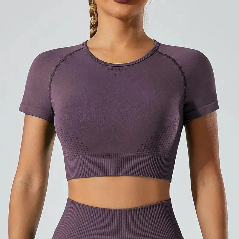 5001 Summer Tops Women's Sports Yoga Top with Bra Fitness Backless Short Sleeve Running Shirt Training Tops-THAT FASHION STORE