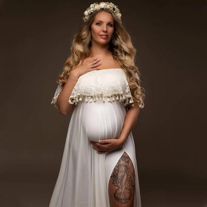 Slash Neck Boho Maternity Photo Shoot Long Dresses Jersey Ruffles Maternity Lace Photography Maxi Gown-THAT FASHION STORE