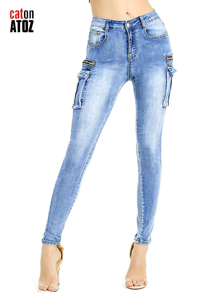 catonATOZ 2237 Women Spring 2023 Fashion Cargo Pants Summer Female Zipper Pocket Stretch Slim Jeans Skinny Denim Tousers-THAT FASHION STORE