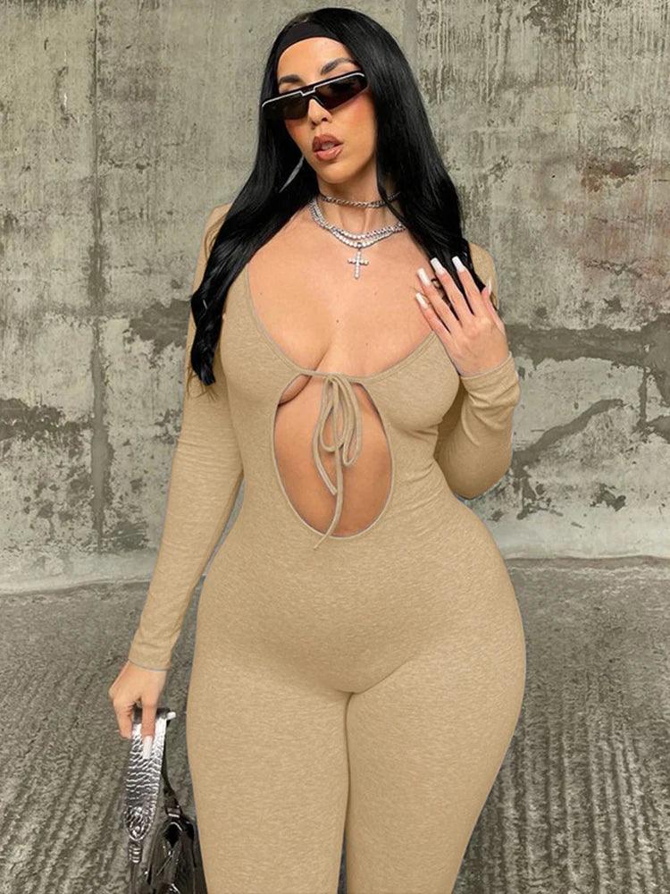 Hugcitar Fall Solid V Neck Long Sleeve Hollow Out Lace Up Sexy Bodycon Jumpsuit Women Fashion Streetwear Sport Romper Overalls-THAT FASHION STORE