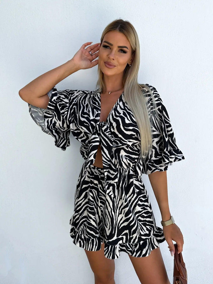 Women Print Bowknot Lace-up Romper Summer Casual Ruffles Half Sleeve Shorts Jumpsuit Hollow High Waist Pockets Playsuit Overalls-THAT FASHION STORE