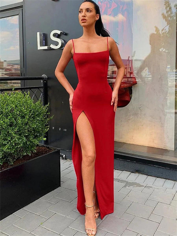 Women Summer Sexy Bodycon Dress Lady Sexy Spaghetti Strap Sleeve Split Solid Color Sheath Dress Vestidos-THAT FASHION STORE