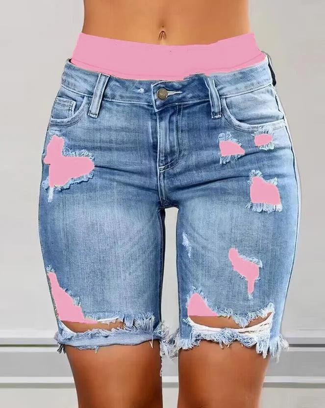 2023 Elegant Summer New Fashion Women's Colorblock Letter Print Ripped 2-In-1 Denim Skinny Shorts Female Casual Bottom-THAT FASHION STORE