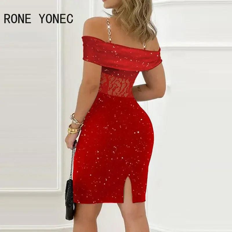 Women Glitter Lace Patch Chain Decor Straps Slash Collar Bodycon Mini Party Red Dress-THAT FASHION STORE