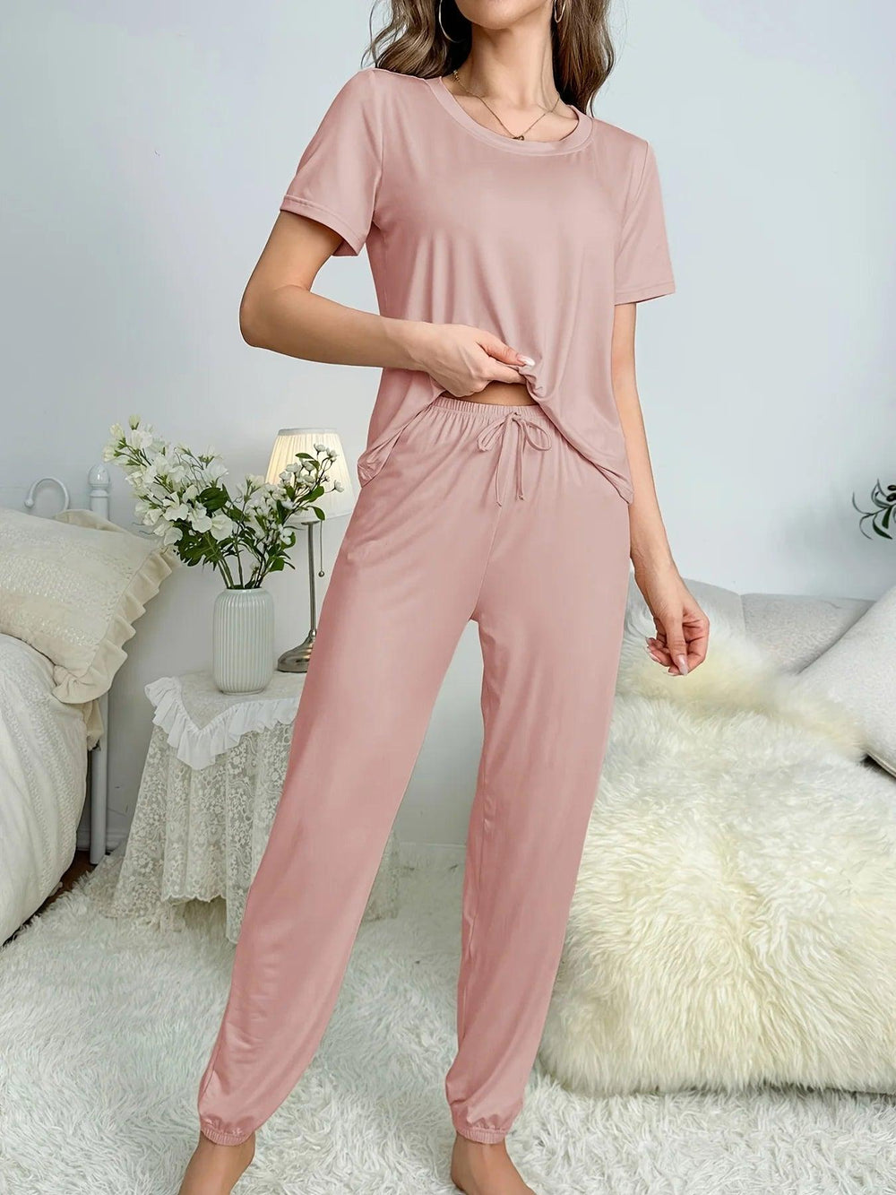 Women's new style pajamas short sleeve trousers elegant casual two-piece solid color home wear-THAT FASHION STORE