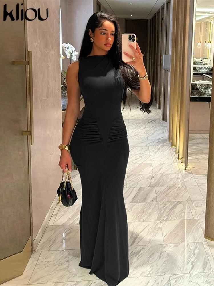 kliou Solid Elegant Maxi Dress Women Classic Simple Sleeveless O-neck Body-shaping Ruched Robe Female 2024 New Party Vestidos-THAT FASHION STORE