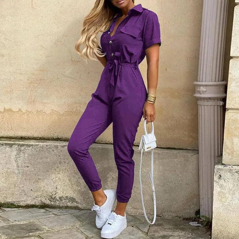 Summer Women's New Fashion Flip Collar Button Print Belt Lace Up Work Dress Casual Capris Jumpsuit Office-THAT FASHION STORE