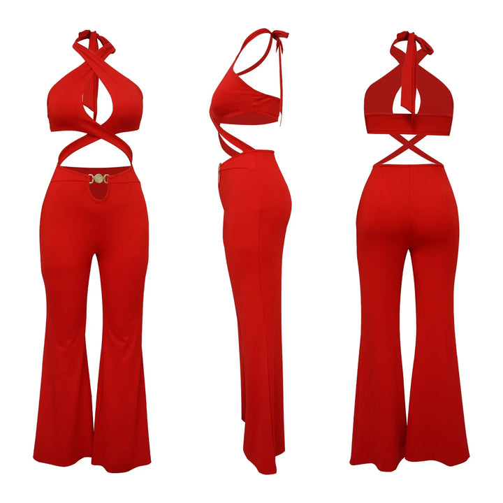 Jumpsuit Women 2024 Summer Fashion Solid Color Halter Cutout Waist Casual High Waist Sleeveless Daily Wide Leg Long Jumpsuit - THAT FASHION STORE