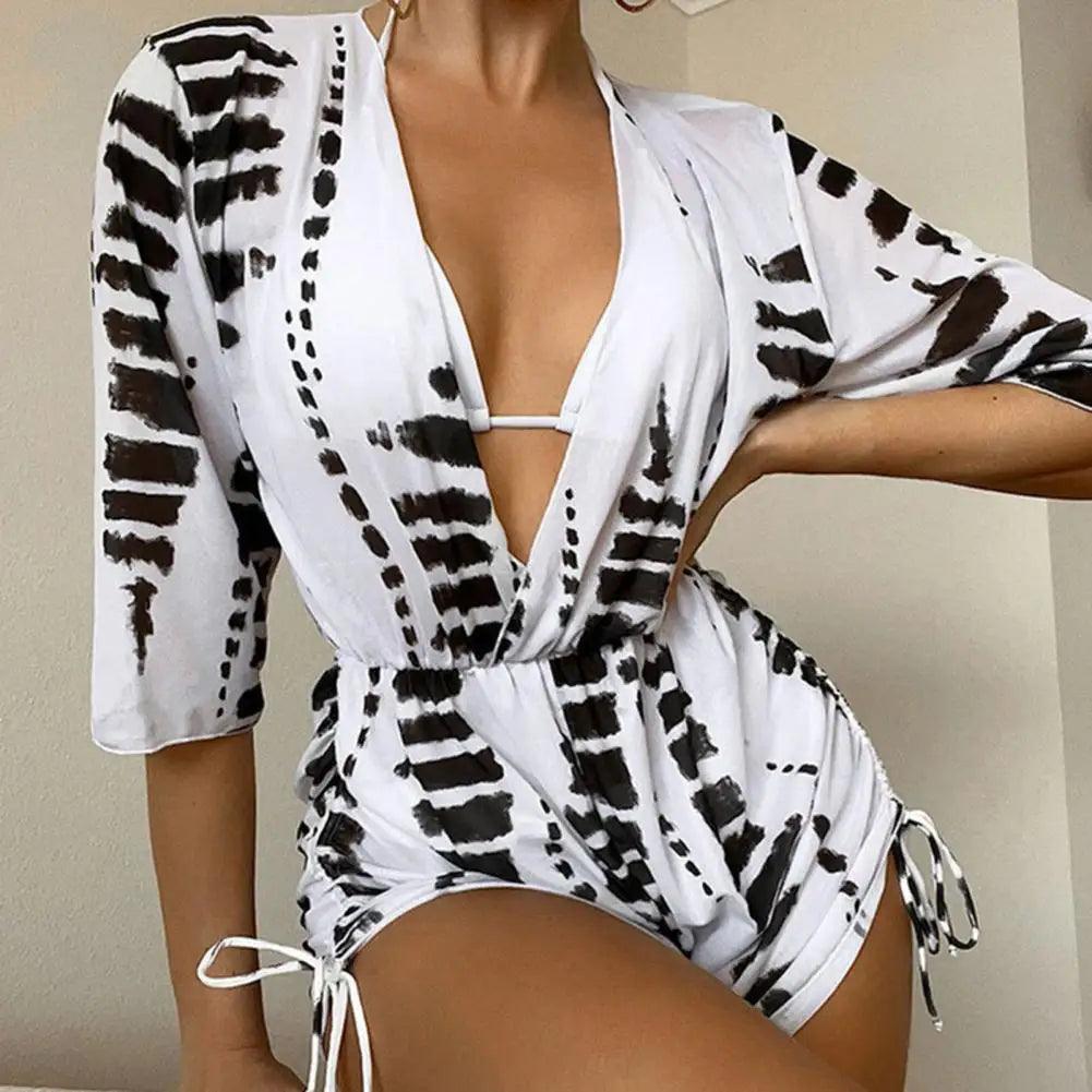 3 Pcs/Set Sexy Bathing Suit Multi Stings Leaf Print Bikini Cover Up Set See-through Lace Up Low-cut Halter Neck Swimwear Set-THAT FASHION STORE