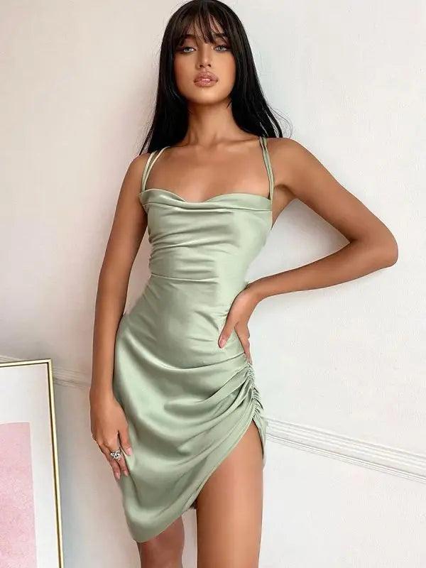 Dulzura Satin Women Strap Mini Dress Ruched Lace Up Cross Bandage Backless Bodycon Sexy Party Elegant 2023 Club Christmas Slim-THAT FASHION STORE