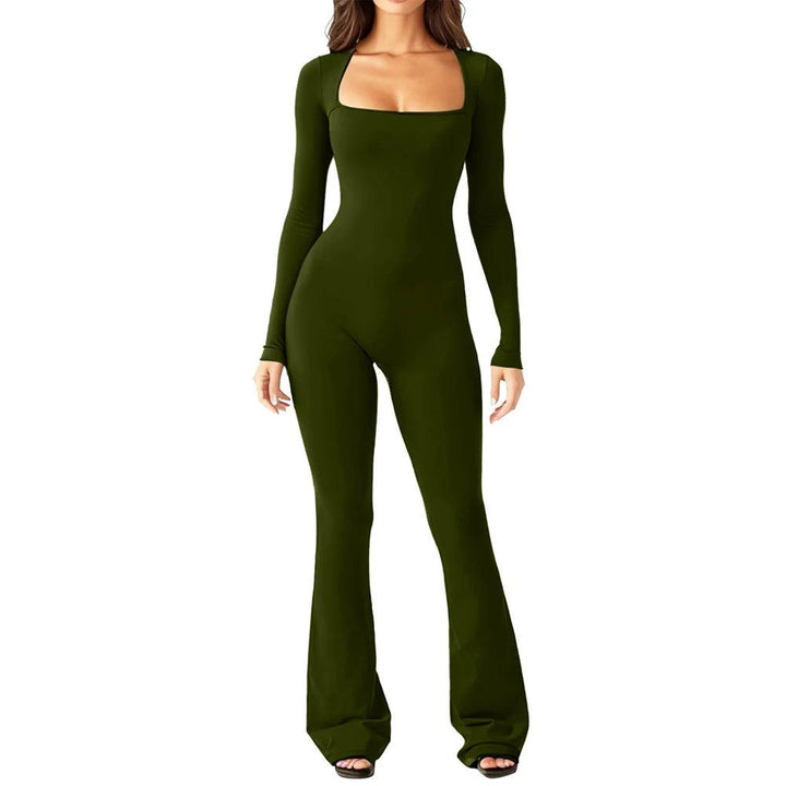 New Women Autumn Long Sleeved Square Neck Slim Fit Flared Bodycon Jumpsuit Pants Romper Playsuit Elegant Simple Women's Jumpsuit-THAT FASHION STORE