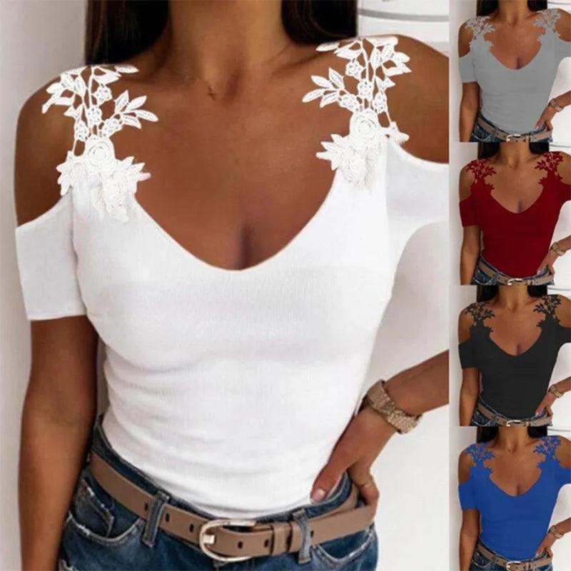 Sexy Off Shoulder Lace Short sleeved Women's Solid V-neck T-shirt Top-THAT FASHION STORE