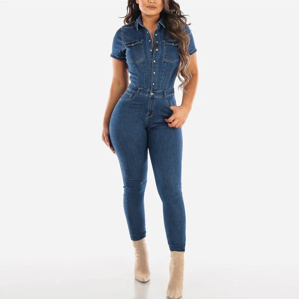 2023 Fashion Jeans Demin Jumpsuit Women Tight Fitting Short Sleeve Denim Romper Skinny Trouser Single Breasted Bodysuit Overalls-THAT FASHION STORE