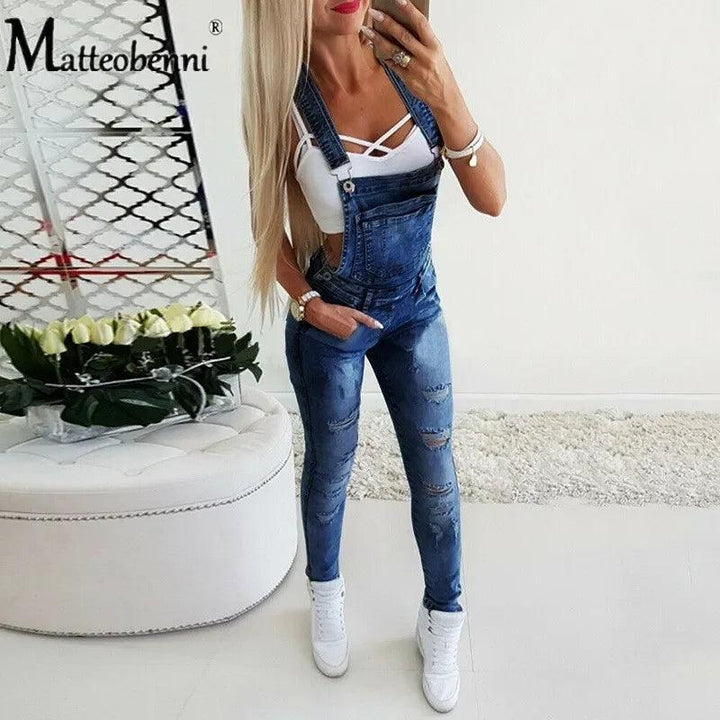 2020 Women's Fashion Pocket Decor Ripped Denim Bib Casual Overalls One Piece Skinny Leg Distressed Jeans Jumpsuits Autumn Wear-THAT FASHION STORE