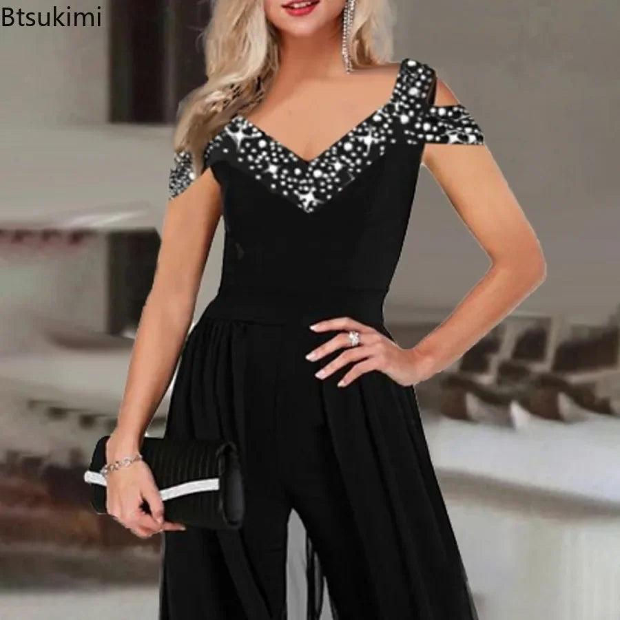 2024 Women's Elegant Sleeveless Jumpsuit Spring Summer V-neck Casual Patchwork Rompers Office Lady Jumpsuits Playsuit Outfits-THAT FASHION STORE