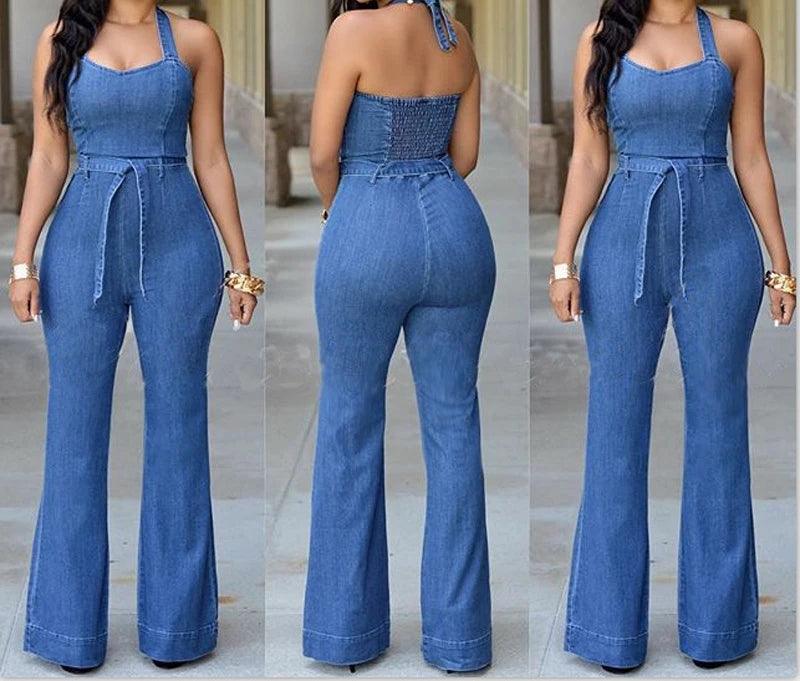 Women One Piece Solid Denim Jumpsuits Sleeveless V Neck Rompers Wide Leg Long Pants Overalls Sexy Slim Fit Hight Waist 2024-THAT FASHION STORE