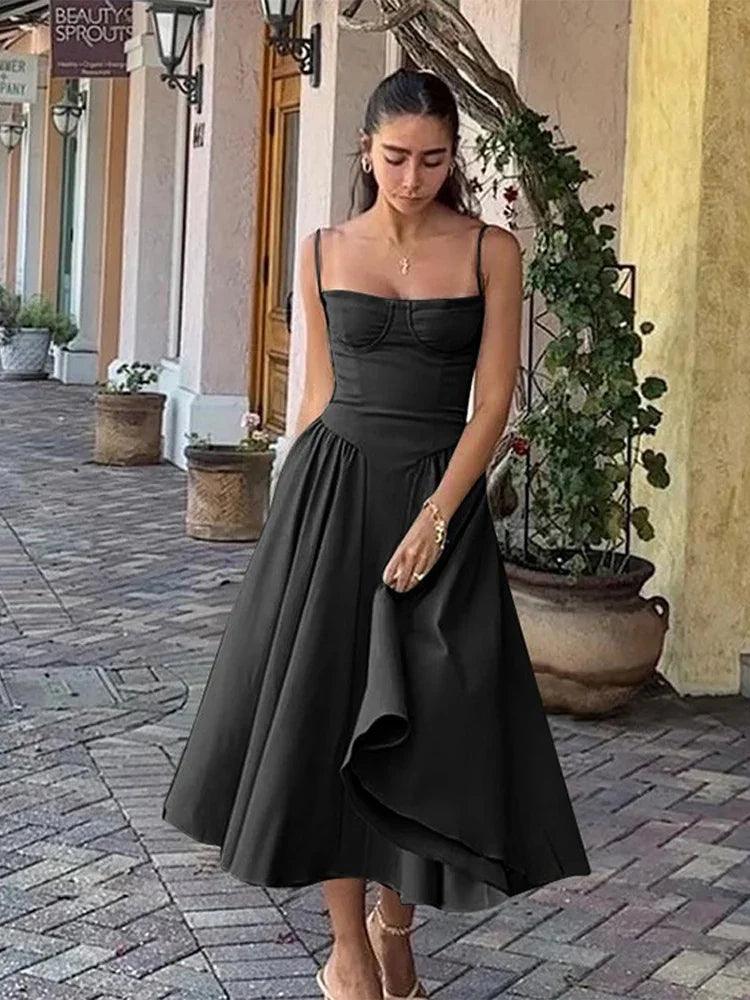 Elegant Women Solid Sling Long Pleated Dress Chic Sleeveless Backless A-line Dresses 2024 Summer Party Club Date Evening Robes-THAT FASHION STORE