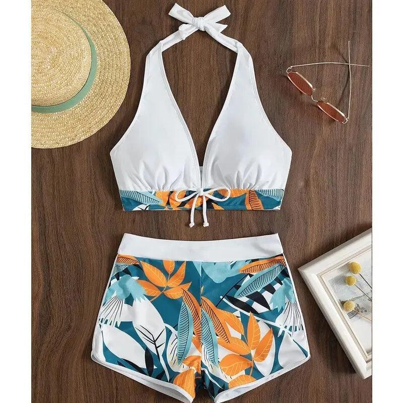 Stylish Printed Bikini Women Sexy Plunge V Neck Bikinis Two Piece Swimsuit Halter Neck Swimwear Vintage Beach Shorts-THAT FASHION STORE