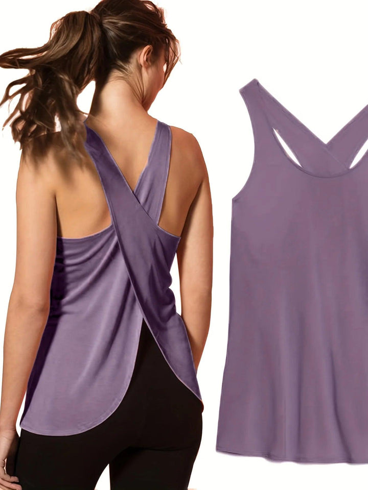 Women's Activewear: Solid Wrap Back Sports Tank Tops - Sleeveless, Breathable & Asymmetrical Hem Fit - Perfect For Fitness & Wor-THAT FASHION STORE