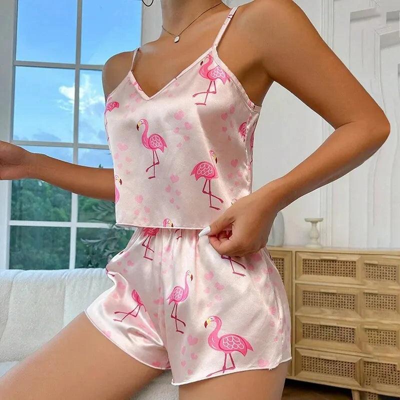 Women's Cute Flamingo Print Satin Pajama Set - V Neck Cami Top and Elastic Shorts for Comfortable Sleep and Lounging Homewear-THAT FASHION STORE