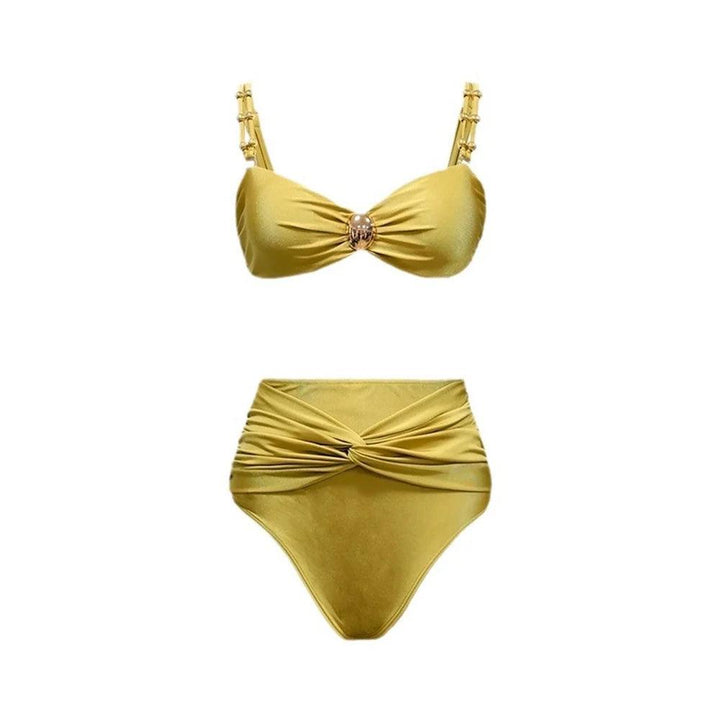 2024 summer fashion women sexy solid color yellow two-piece swimsuit women's high-waisted bikini beach vacation beach swimsuit-THAT FASHION STORE