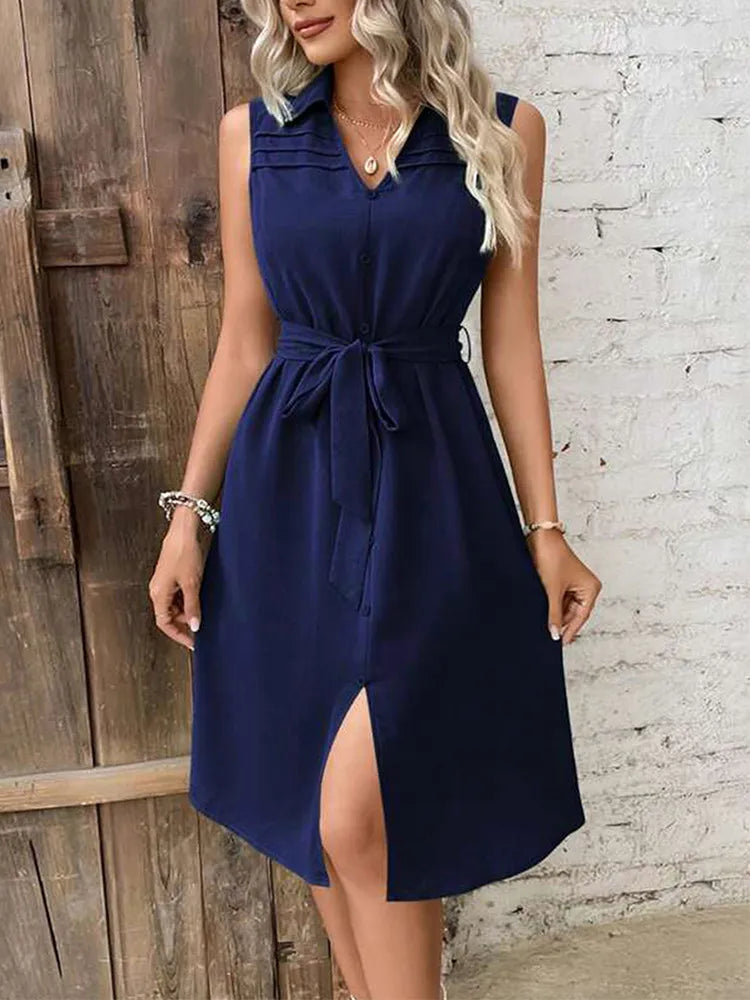 Fashion Elegant Tank Dress Women Summer V-neck  A-line Sleeveless Lace-Up Front Button With Slit Casual Dress Office Style - THAT FASHION STORE