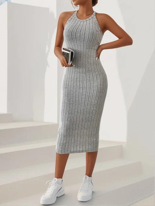 Dresses for Women Solid Halter Neck Bodycon Ribbed Knit Tank Dress-THAT FASHION STORE