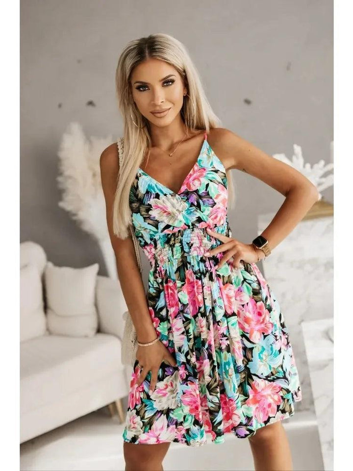 New Fashion Women's Summer Wrap Pleated Dresses Ladies Floral Print Sexy Spaghetti Strap Sling DressBeach Dress A Line Sundress-THAT FASHION STORE