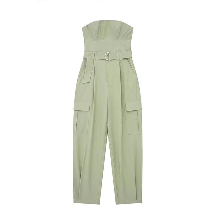 TRAF 2023 New Women Fashion Y2K Jumpsuit Solid Green With Belt Sleeveless Green Cargo Pants Loose Chic Female Clothing Street-THAT FASHION STORE