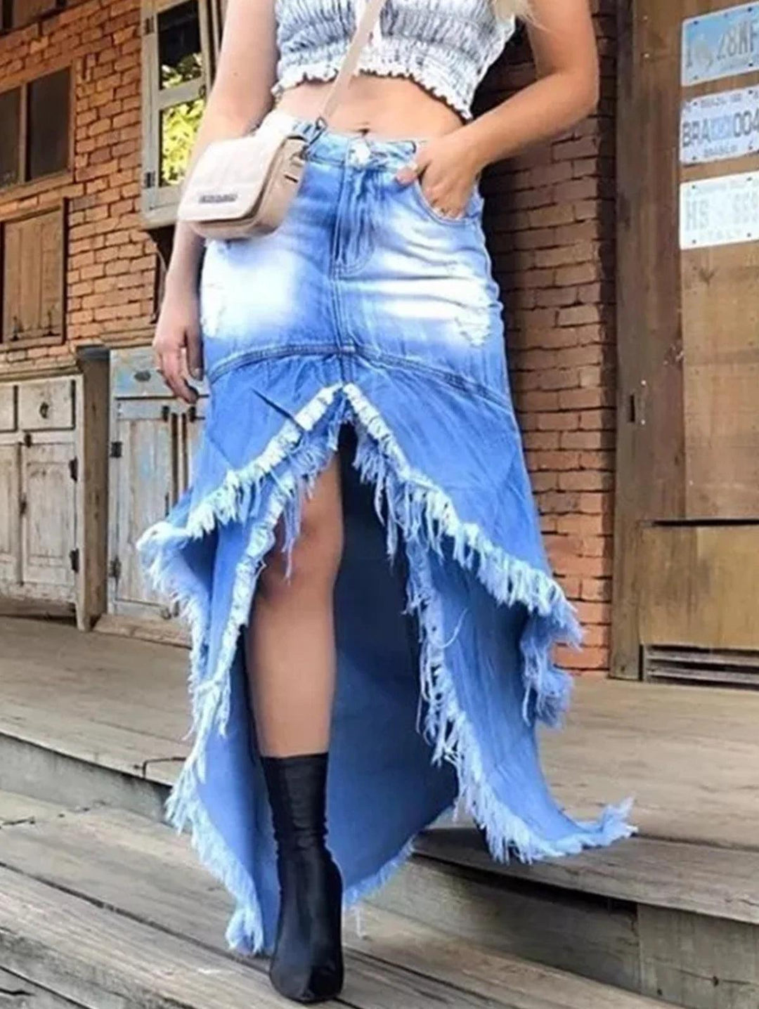 Long Denim Skirts For Women Maxi 2024 Front Slit Plain Raw Trim Slim Fit Jean Skirts Womens Long Streetwear Skirt Denim Maxi-THAT FASHION STORE