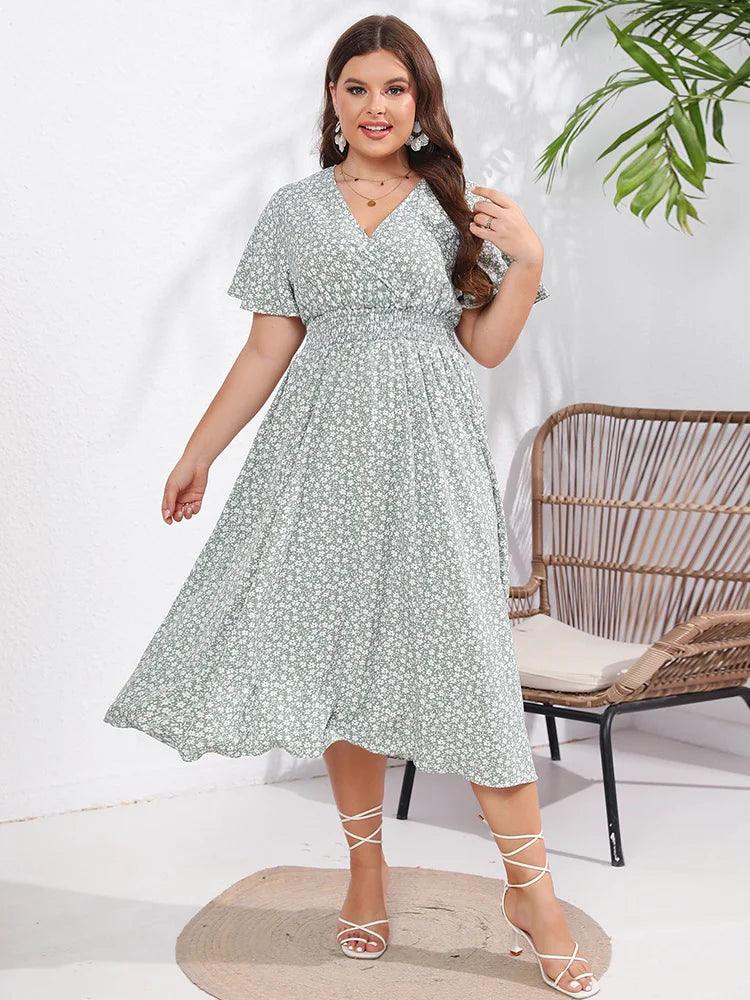 GIBSIE Plus Size Ditsy Floral V-Neck Boho Long Dress Women Summer Short Sleeve High Elastic Waist Holiday A-Line Dresses 2023-THAT FASHION STORE